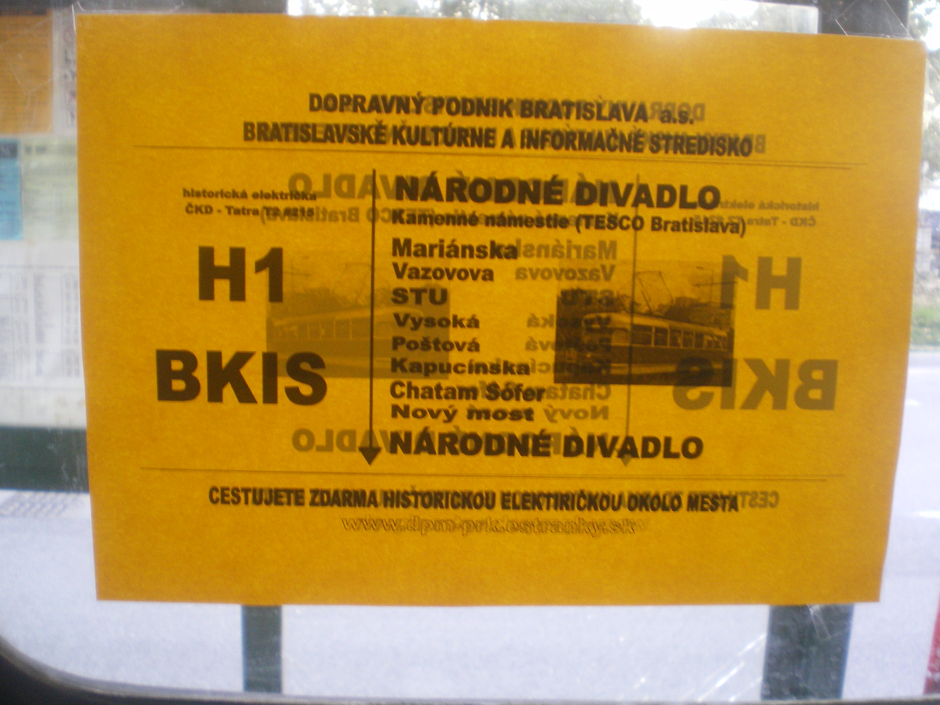 jazdná tabuľka linky H1 BKIS pre električku ČKD - Tatra